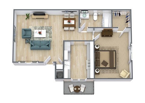 Floor plan for 1 bed, 1 bath, 608 sqft